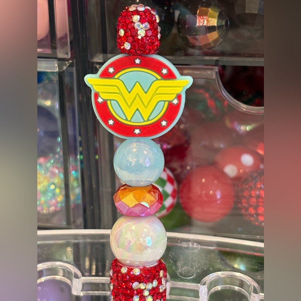 Handcrafted Wonder Woman Beaded Pen - Red, Yellow, Light Blue, White